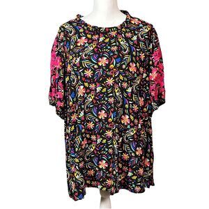 Savanna Jane Top Size 3X Black Abstract Embroidered Floral Boho Artsy Cottage